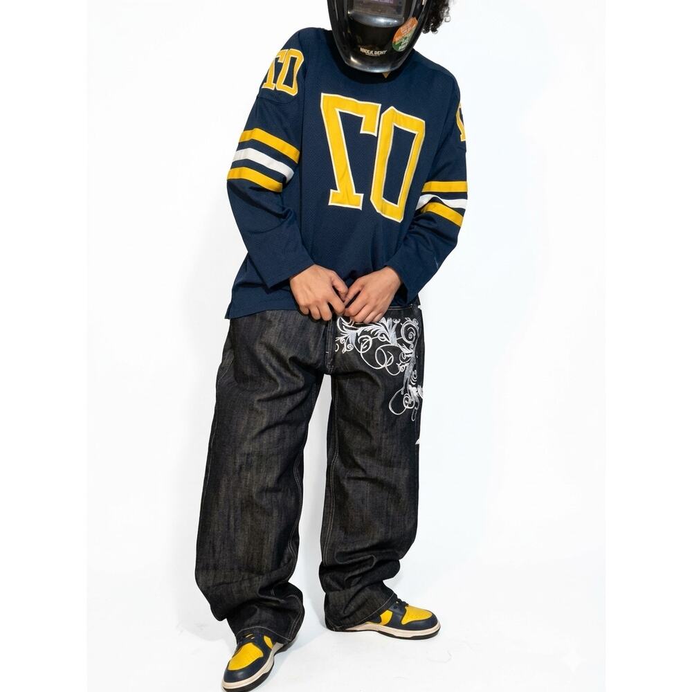 Imperious Baggy Jeans W42 L32 White Embroidered White Scroll Y2K Cyber Skater